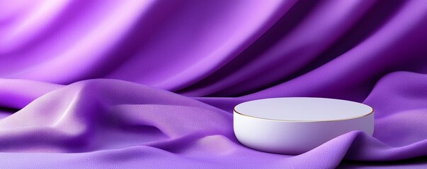 Minimalist white podium with subtle gold detailing, resting on rich purple velvet fabric, with the product softly illuminated, creating a serene and elegant scene.
