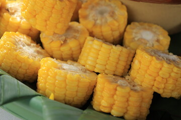 Boiled corn on cut into pieces. Jagung rebus