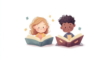 Children engaged in reading featuring charming cartoon characters of a girl and boy with open storybooks depicting joyful learning in a playful illustration style