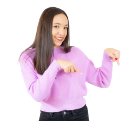 Young woman over transparent background pointing finger to the side