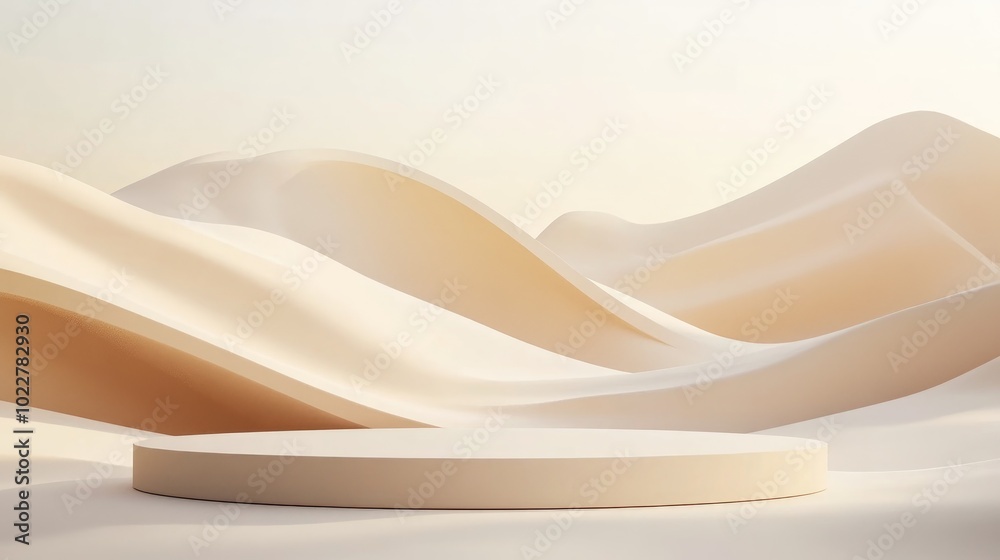 Poster 3d rendering template featuring a minimal podium set against a landscape with beige and cream hues