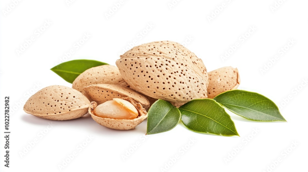 Poster almonds with shells and green leaves isolated on a white background
