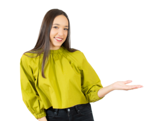 Young woman isolated over transparent background showing a copy space on a palm and holding another hand on waist.