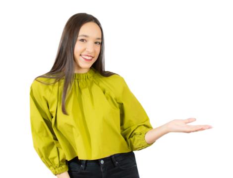 Young woman isolated over transparent background showing a copy space on a palm and holding another hand on waist.