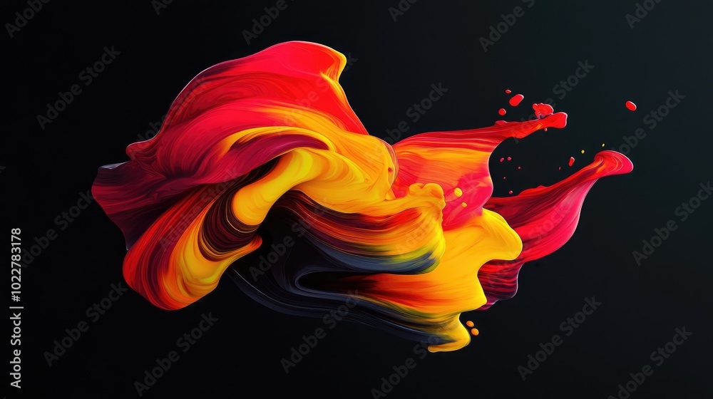 Poster close up shot of dark red and yellow fluid ink paint motion explosion artistic design energy swirl b