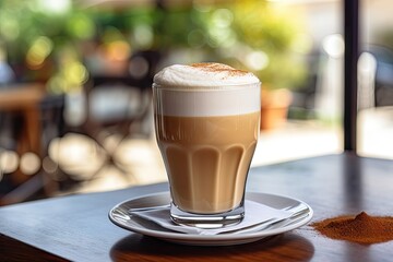 Fresh Latte Espuma in Outdoor Cafe, Cappuccino in Coffeeshop City Street View, Milk Coffee