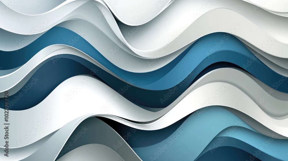 Poster Abstract design featuring a background of wavy lines in white blue and gray with a metallic geometric texture for a creative digital illustration
