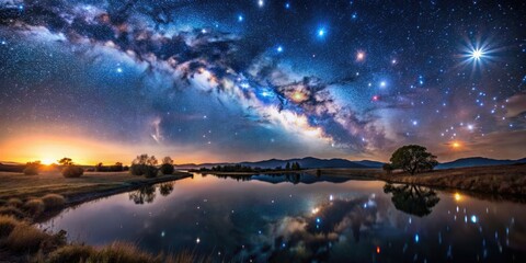 Stunning Canes Venatici Constellation Displayed in a Starry Night Sky Over a Calm Landscape Scene