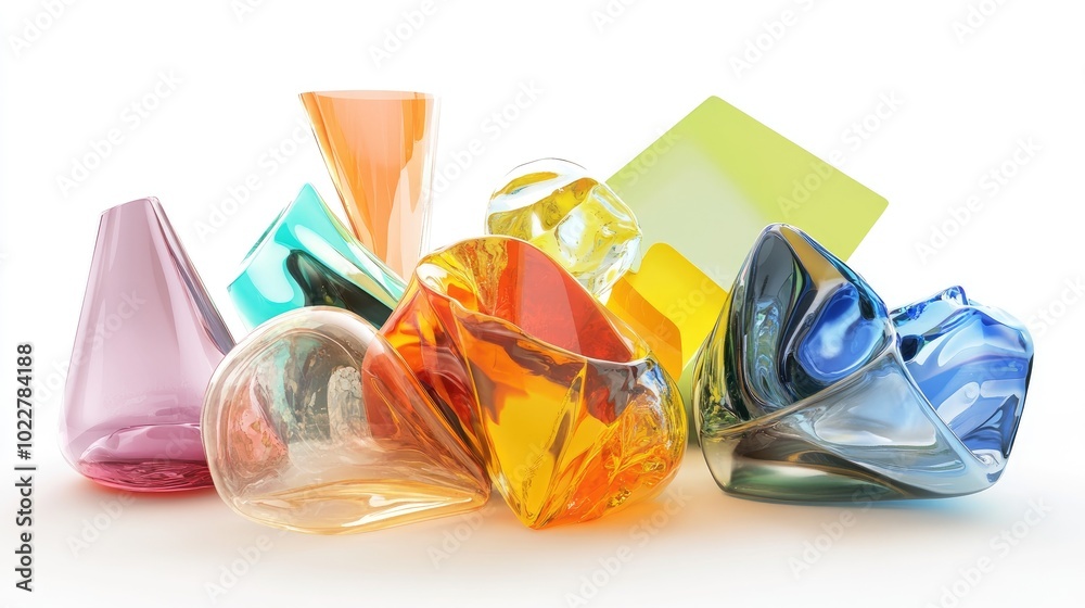 Poster 3D rendering of abstract geometric forms with a variety of vibrant glass elements set against a white background