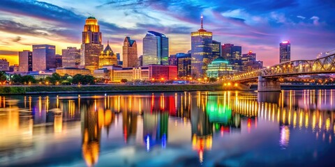 Fototapeta premium Stunning Cincinnati Skyline at Dusk with Vibrant Lights Reflecting on the Ohio River Landscape