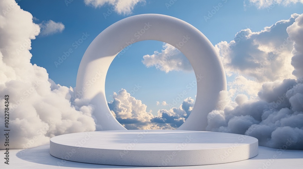 Poster 3D rendering of a podium with a minimal cloud scene featuring a geometric shape for product display