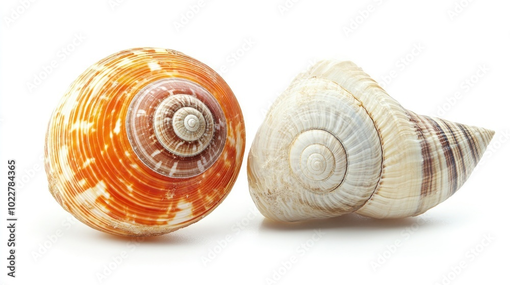 Poster Cockleshell and Snail Shell on White Background