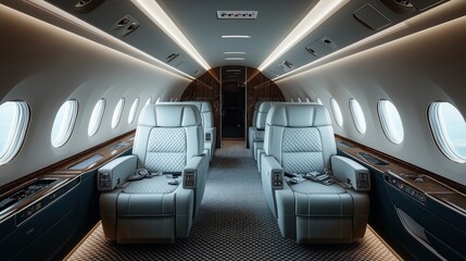 Obraz premium Luxurious interior of private jet with plush leather seats and modern ambient lighting, showcasing comfort and sophistication in air travel.