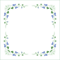 Vegetal floral frame with clover leaves and blue flowers, decorative corners for greeting cards, banners, business cards, invitations, menus. Isolated vector illustration.	
