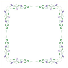 Vegetal floral frame with clover leaves and purple flowers, decorative corners for greeting cards, banners, business cards, invitations, menus. Isolated vector illustration.	
