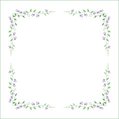 Green vegetal ornamental frame with purple flowers, climbing wine, decorative border, corners for greeting cards, banners, business cards, invitations, menus. Isolated vector illustration.	
