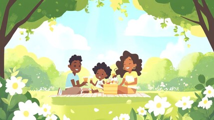 Fototapeta premium A family enjoys a picnic under trees in a sunny, flower-filled park.