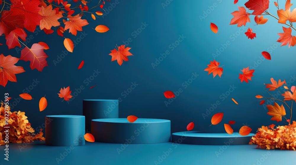 Poster Abstract composition featuring geometric shapes and drifting autumn leaves Cylindrical display on a blue backdrop adorned with red foliage Product showcase Arrangement of podium platform and autum