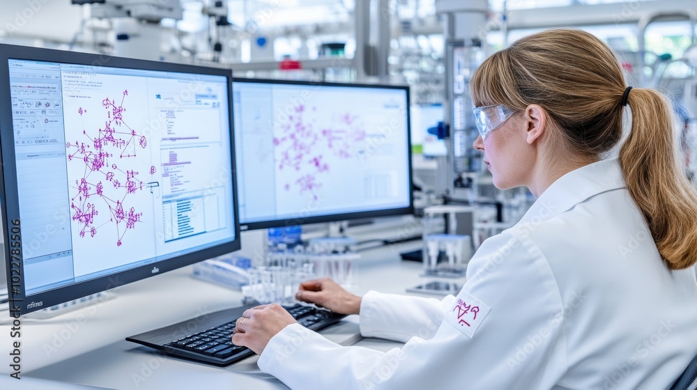 Poster scientist analyzing data in modern laboratory setting