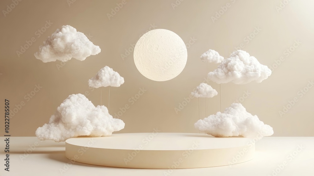 Poster 3d rendered podium featuring a slumbering moon and suspended paper clouds