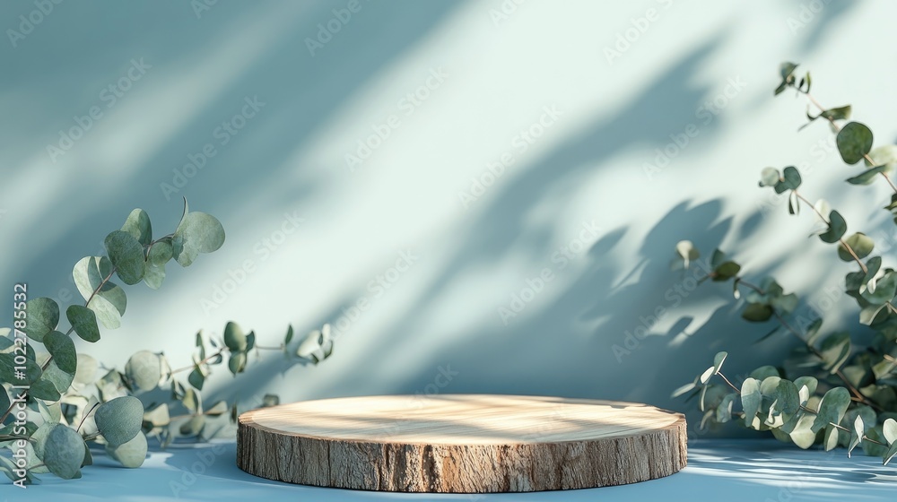 Poster Abstract empty wooden slice podium featuring eucalyptus leaves and shadows on a blue background Mockup display for product presentation 3D render Minimalist concept Advertising template