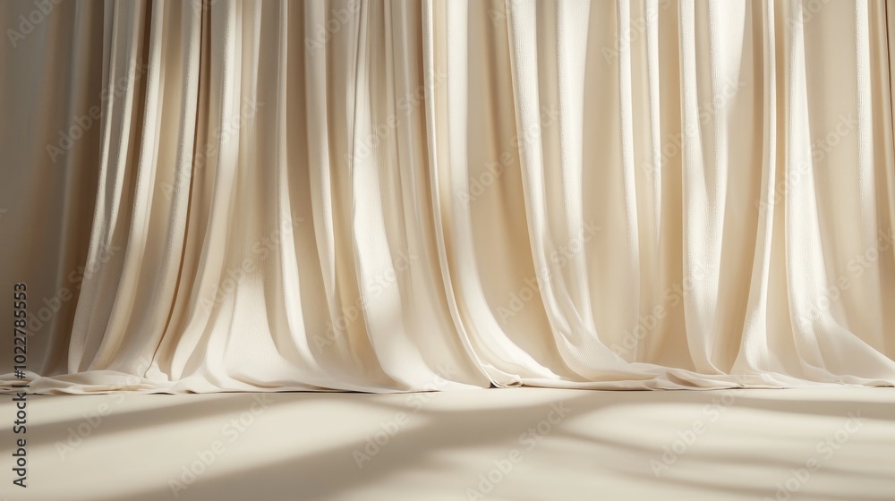 Aufkleber Abstract beige studio backdrop featuring curtains for product display Vacant space with shadows 3D rendering 3D illustration