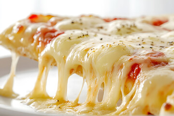 Cheese Pizza Slice Being Pulled with Melting Mozzarella isolated on white 