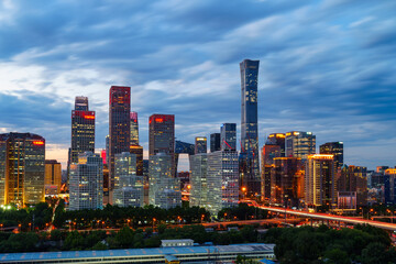Fototapeta premium Night view of skyline of Beijing CBD (Central Business District) after dusk