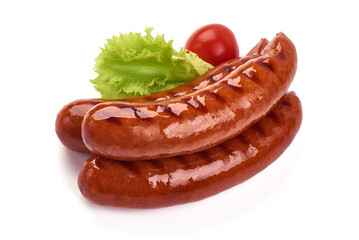 Grilled bratwurst Pork Sausages, close-up, isolated on white background