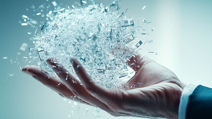 Fototapeta premium Hands dropping a shattered glass globe filled with stock symbols, reflecting the crash of global markets.