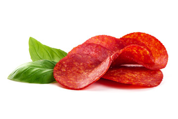 Chorizo sausage sandwich, close-up, isolated on white background.