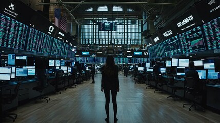 Stock market bell ringing in slow motion as the floor is deserted and screens show only red.