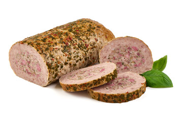 Baked meatloaf, minced meat roll, isolated on white background.
