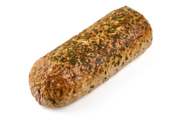 Herb-coated meat roll, isolated on white background.