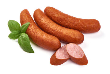 Smoked sausages, isolated on white background.