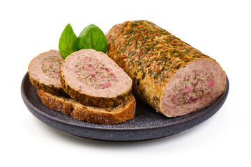 Baked meatloaf, minced meat roll, isolated on white background.