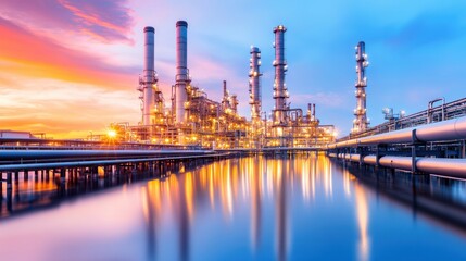 Naklejka premium Industrial Complex at Sunset with Reflection