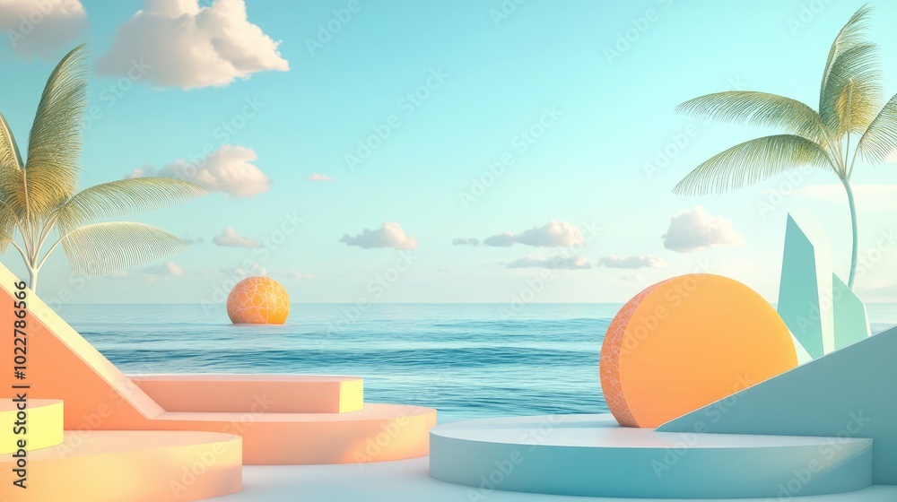 Aufkleber Abstract summer landscape featuring geometric shapes and ocean beach view 3D rendering