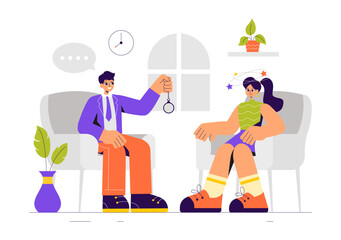 Hypnosis Vector Illustration featuring Black and White Spiral Patterns to Induce an Altered State of Mind for Treatment Services in a Flat Background