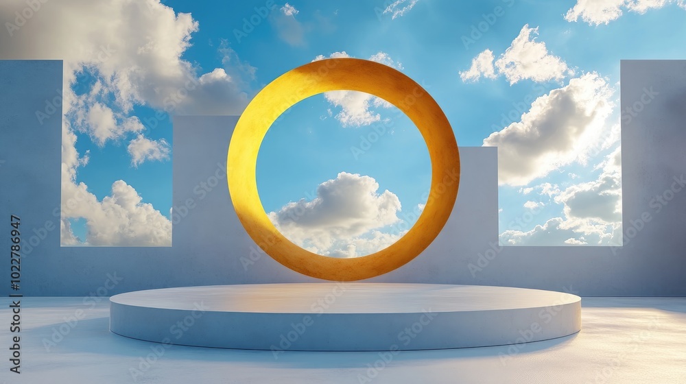 Aufkleber 3D rendering of an abstract blue background featuring white clouds and a yellow circular opening Geometric display scene with a blank podium stage designed for product showcasing