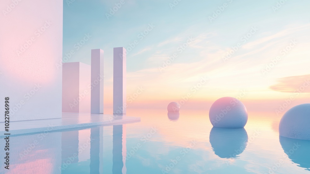 Poster 3D render of an abstract surreal pastel landscape featuring architectural elements and geometric shapes complemented by a beautiful gradient sky and a tranquil lake with calm water showcasing a mi