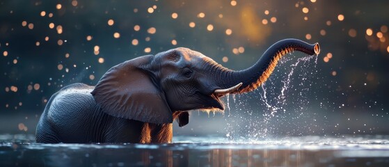 A majestic elephant playfully splashing water in a serene setting, surrounded by soft bokeh lights.