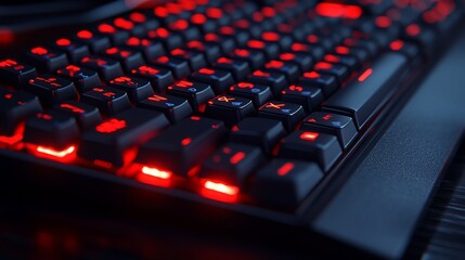 Close-up of a black backlit keyboard with red LEDs illuminating the keys.