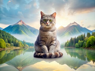 Obraz premium Yoga-Inspired Double Exposure of a Scottish Straight Cat in Serene Landscapes