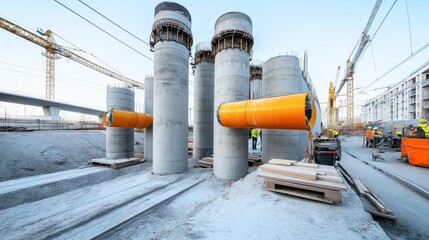 Construction site with large concrete pillars and cranes, surrounded by workers in safety gear. Infrastructure development, possibly for a bridge or overpass.