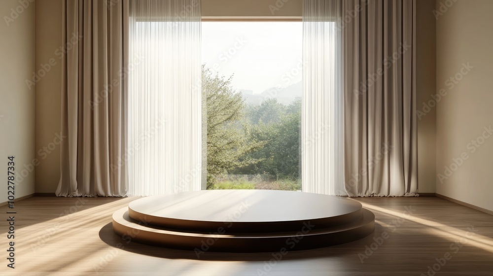 Poster Brown display podium in a well lit room with a window backdrop 3D rendering