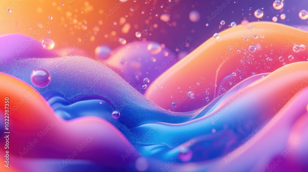 Poster abstract 3d render of iridescent neon painted chaotic liquid with bubbles modern wallpaper design be