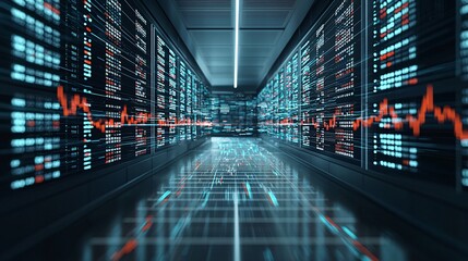 Obraz premium Futuristic trading terminal malfunctioning, with stock numbers floating away as digital glitches.