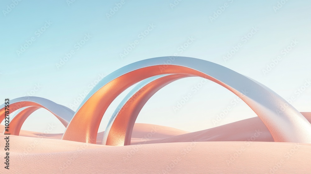 Poster abstract sandy dune cliffs featuring metallic arches set against a clear blue sky surreal minimalist