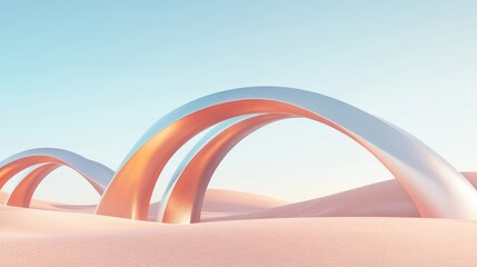 Abstract sandy dune cliffs featuring metallic arches set against a clear blue sky Surreal minimalist desert landscape background Scene of the desert showcasing sleek metallic arches with geometric